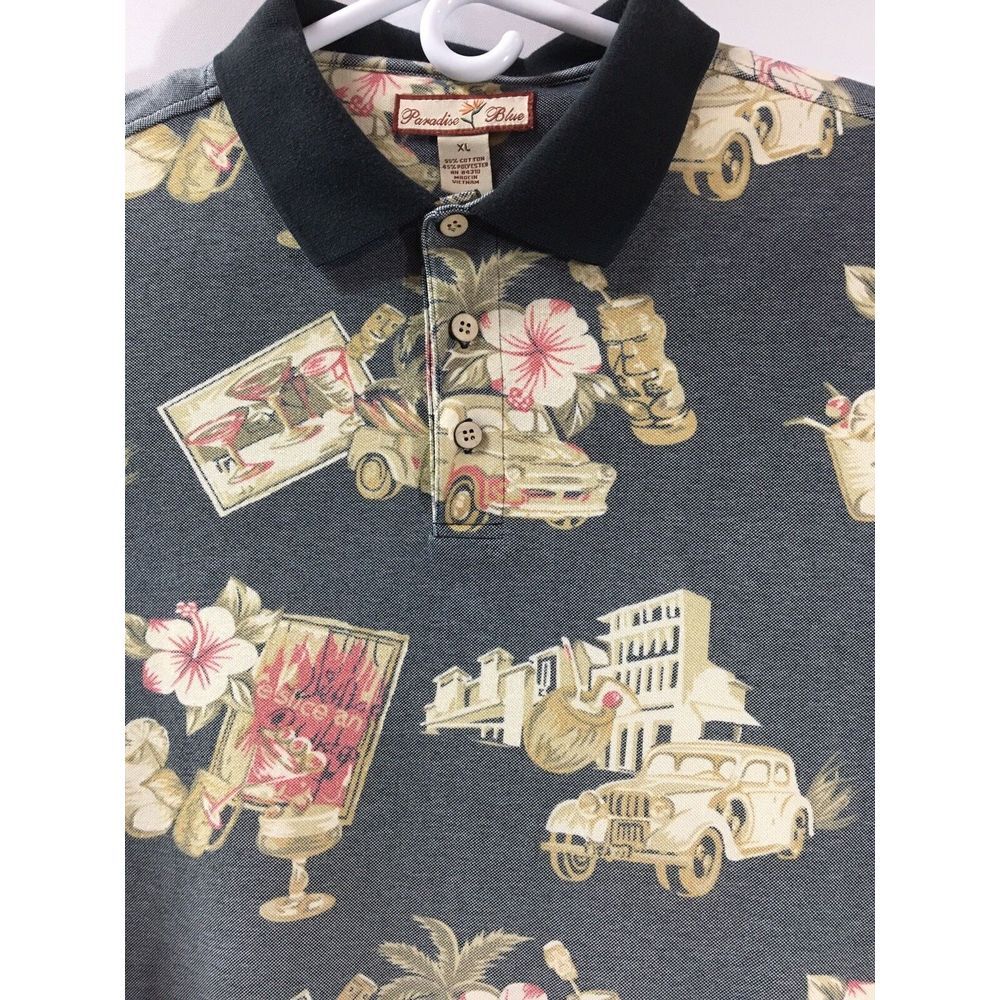 Pardise Blue casual golf shirt‎  Mens Size XL Polo vintage car Graphic Print